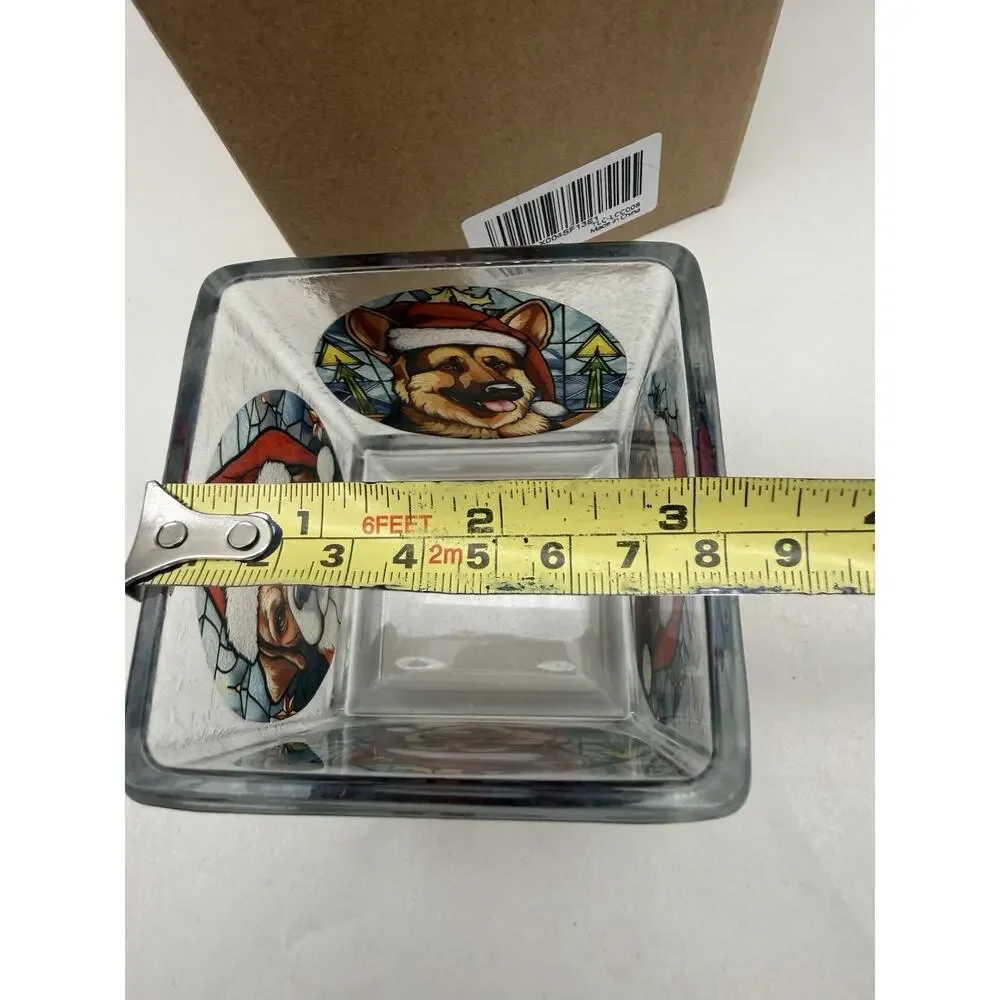 Stained Glass Styled Square Tealight Holder- Christmas Hat Dog, Real Glass Cup..